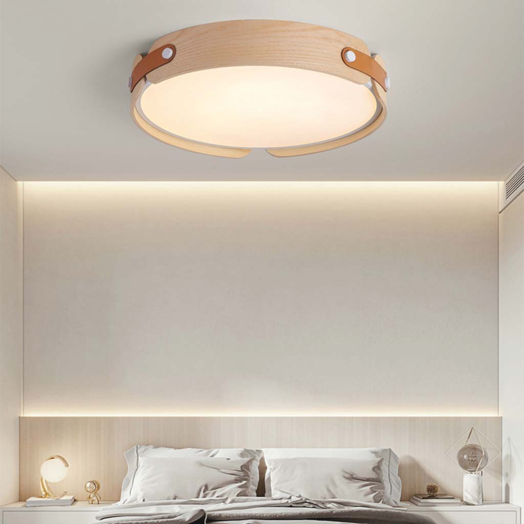 Runde Deckenleuchte aus Holz und Leder, dimmbare LED-Beleuchtung mit Fernbedienung, drei Farben, modernes Design | Sansoti