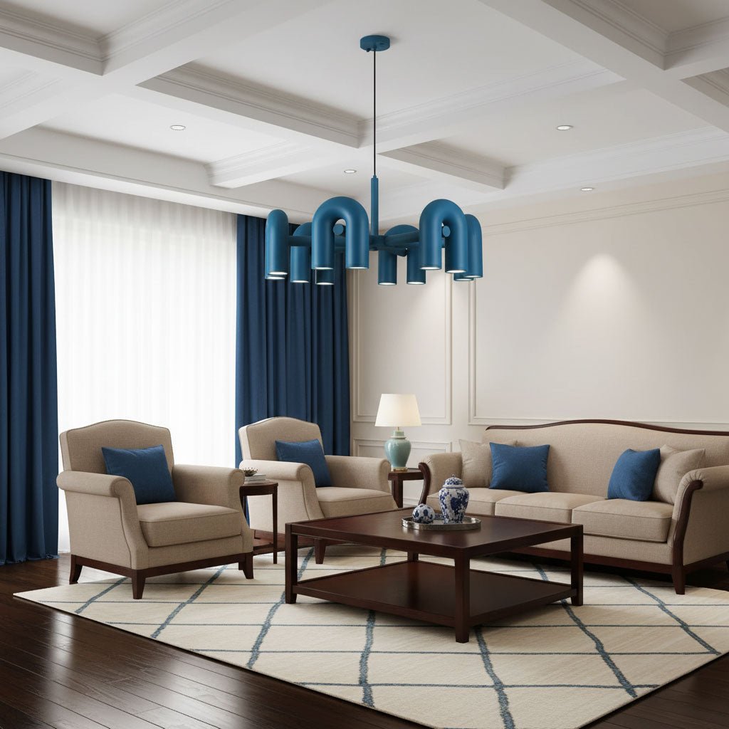 Modulaire Kroonluchter met U-Vormige Armen – Verstelbaar Design – Zwart, Grijs, Oranje of Blauw – 3, 4, 6 of 8 Lichtpunten – Modern Statement | Sansoti