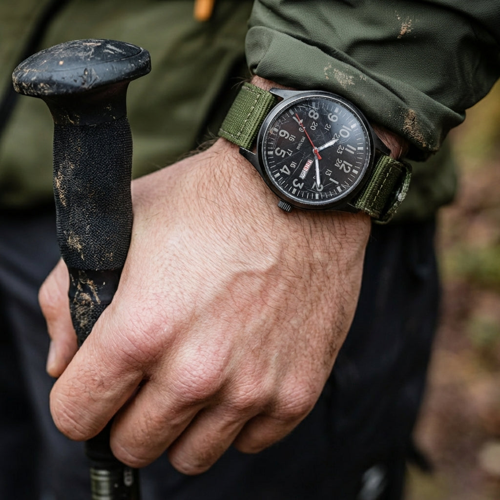 Herenhorloge met Canvasstofband Dag- en Datumaanduiding 24-Uurs Schaalverdeling Outdoor Sportief Design | Sansoti