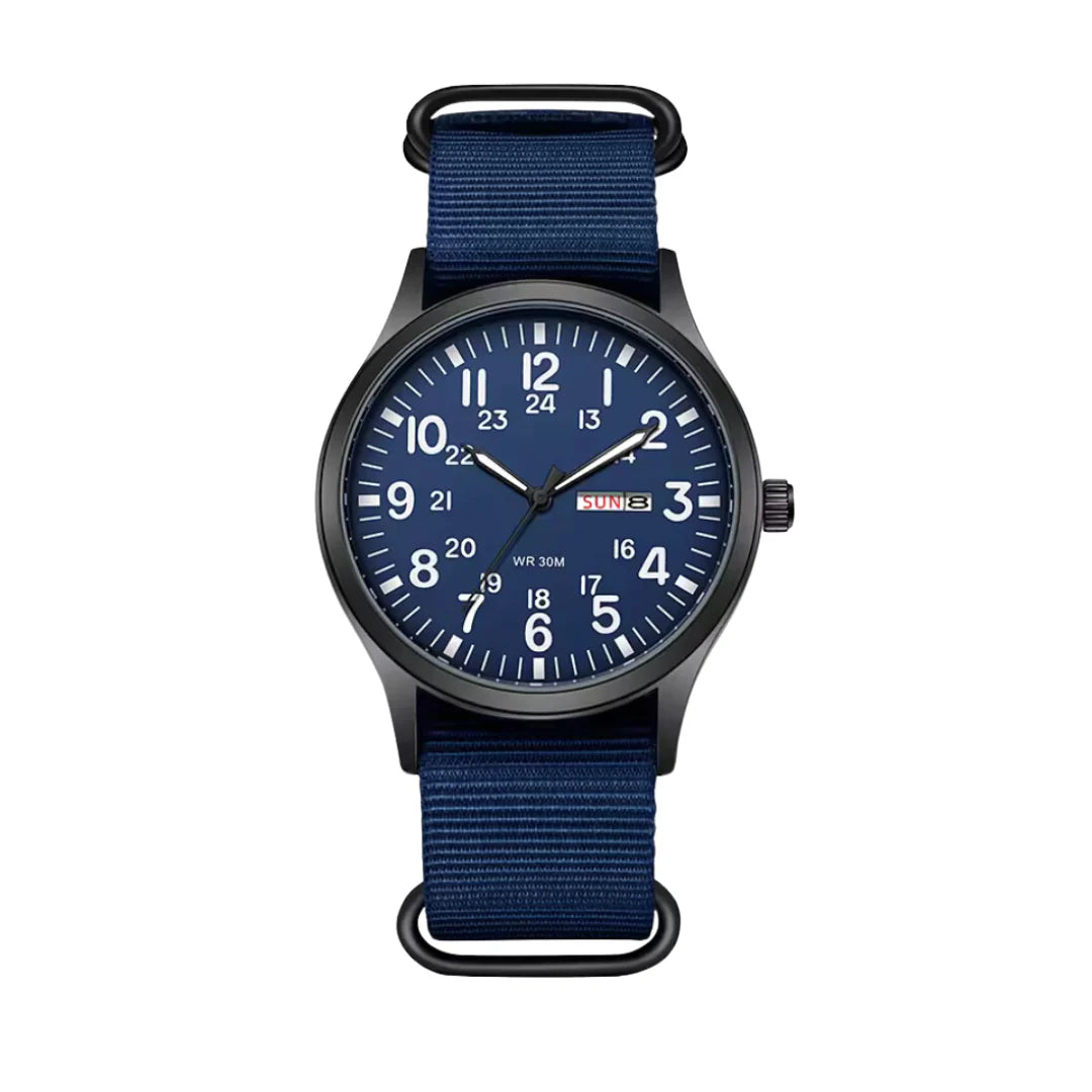 Herenhorloge met Canvasstofband Dag- en Datumaanduiding 24-Uurs Schaalverdeling Outdoor Sportief Design | Sansoti