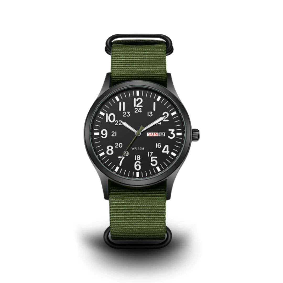 Herenhorloge met Canvasstofband Dag- en Datumaanduiding 24-Uurs Schaalverdeling Outdoor Sportief Design | Sansoti