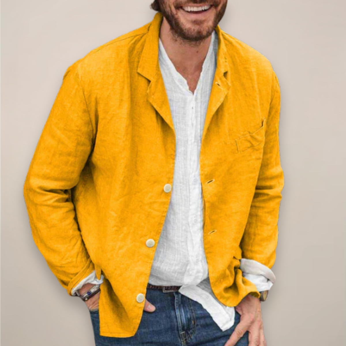 Herren-Leinenblazer mit fallendem Revers Beige Blau Schwarz Gelb Lila Grau Leichter Sommerblazer S-5XL | Sansoti