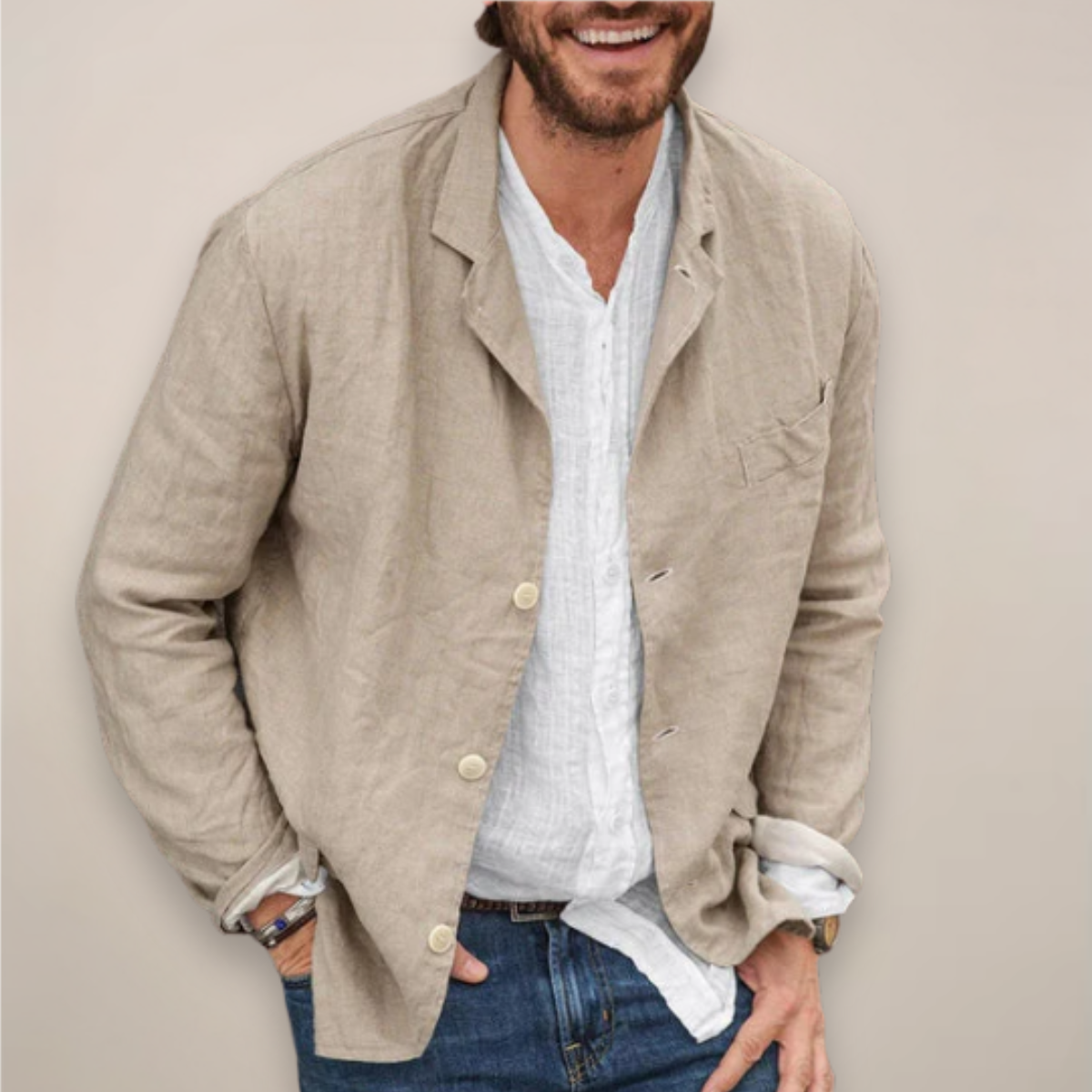 Herren-Leinenblazer mit fallendem Revers Beige Blau Schwarz Gelb Lila Grau Leichter Sommerblazer S-5XL | Sansoti