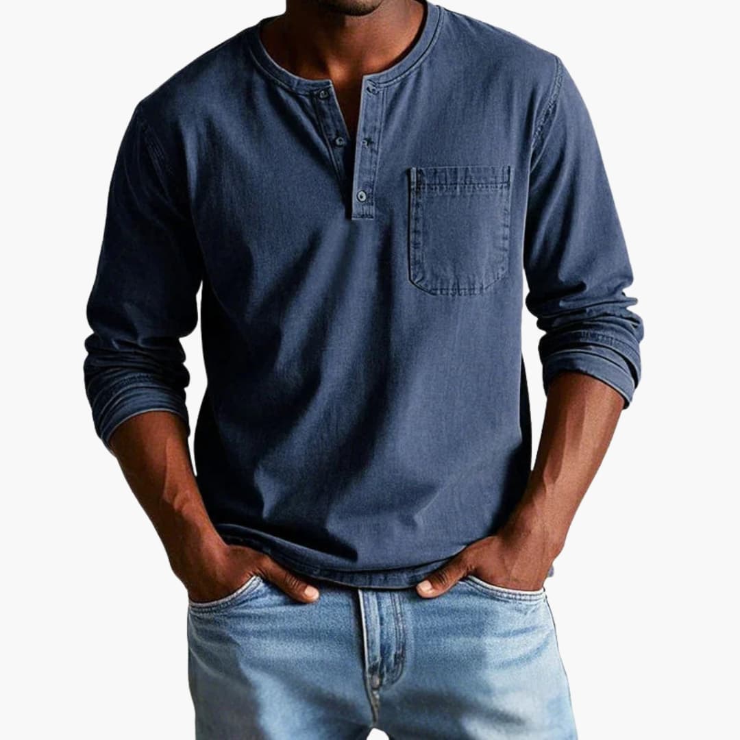 Henley Shirt Men Long Sleeve Button Closure Chest Pocket Casual Relaxed Fit Cotton Comfortable Everyday | Sansoti