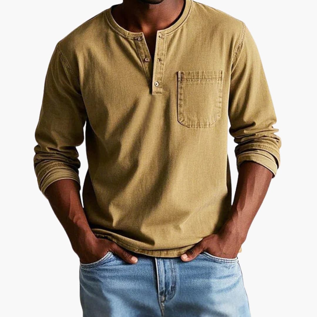 Henley Shirt Men Long Sleeve Button Closure Chest Pocket Casual Relaxed Fit Cotton Comfortable Everyday | Sansoti