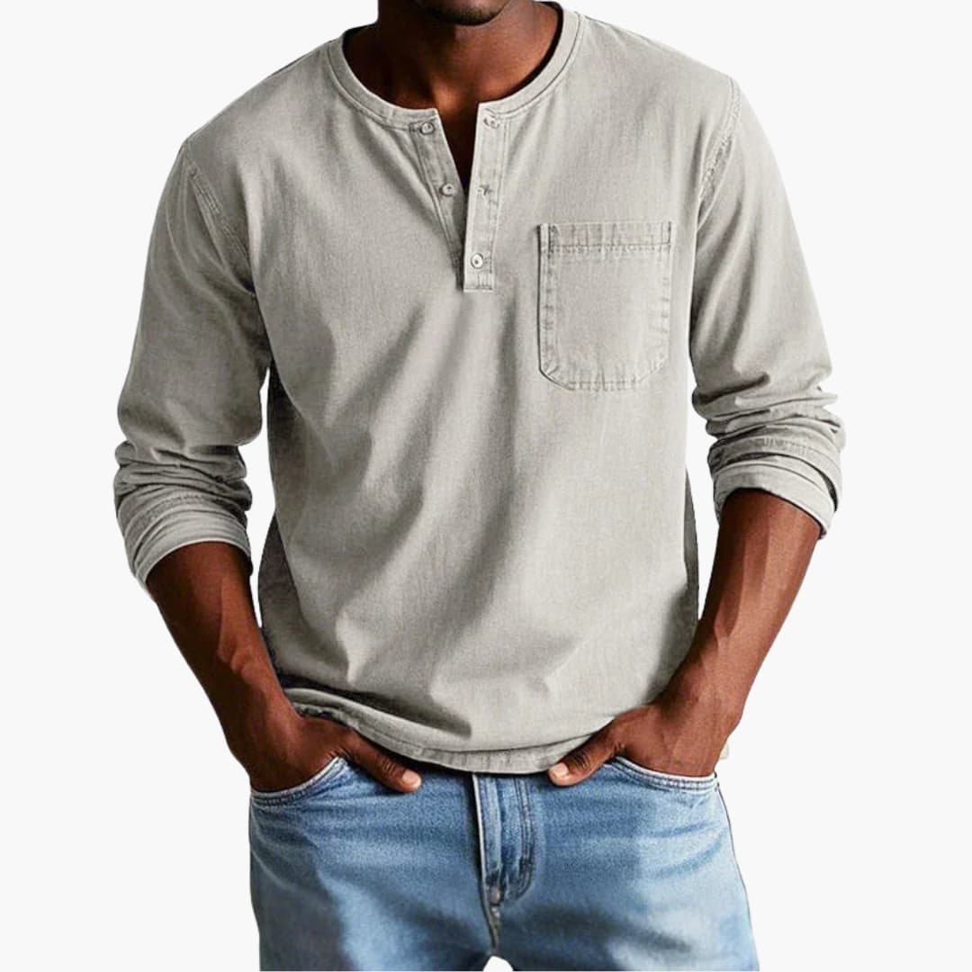 Henley Shirt Men Long Sleeve Button Closure Chest Pocket Casual Relaxed Fit Cotton Comfortable Everyday | Sansoti