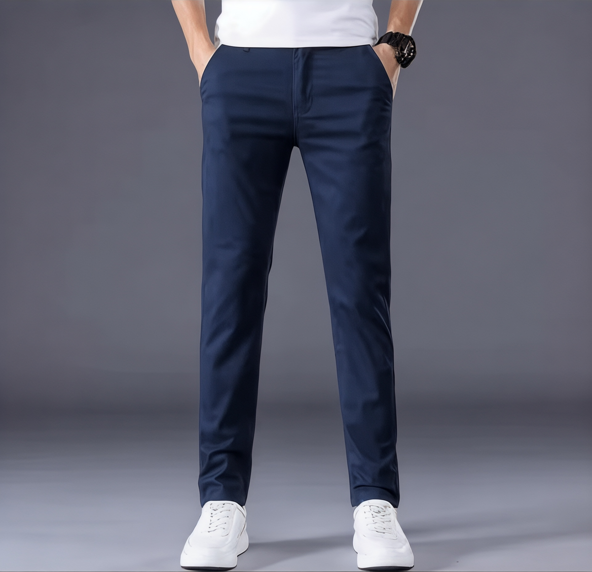 Pantalon Heren Slanke Pasvorm Platte Voorkant Lussen Elastische Band Zakelijk Casual Wear Stijlvol Comfortabel | Sansoti