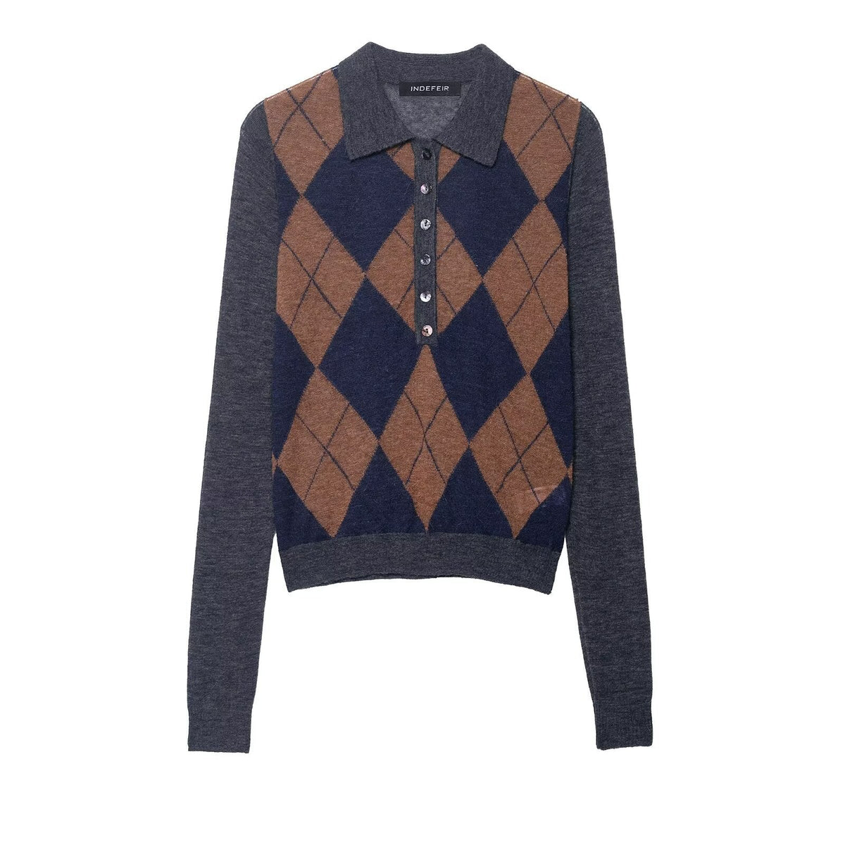 Damski sweter polo z dzianiny w kratę, długi rękaw, guziki, odcienie szarości, zimowy, casualowy, stylowa moda damska | Sansoti