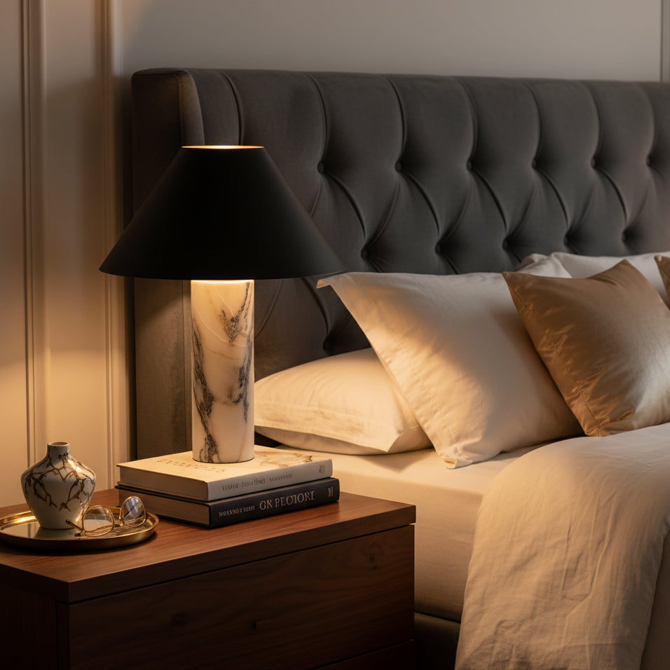 Marmeren Tafellamp met Zwarte Stoffen Kap — Natuursteen Voet Wit Marmer Textielkap — Decoratieve Verlichting voor Slaapkamer Woonkamer Bureau Nachtkastje | Sansoti