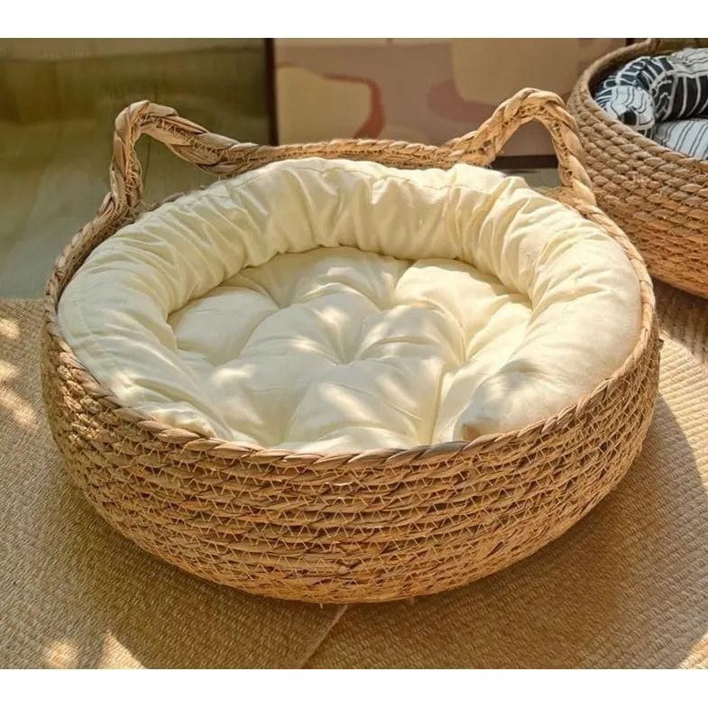 Kattenmand Riet Afneembaar Kussen S/M/L Kattenbed Gevlochten Naturel Huisdier Slaapplek Kat Hond | Sansoti