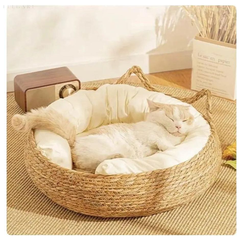 Kattenmand Riet Afneembaar Kussen S/M/L Kattenbed Gevlochten Naturel Huisdier Slaapplek Kat Hond | Sansoti