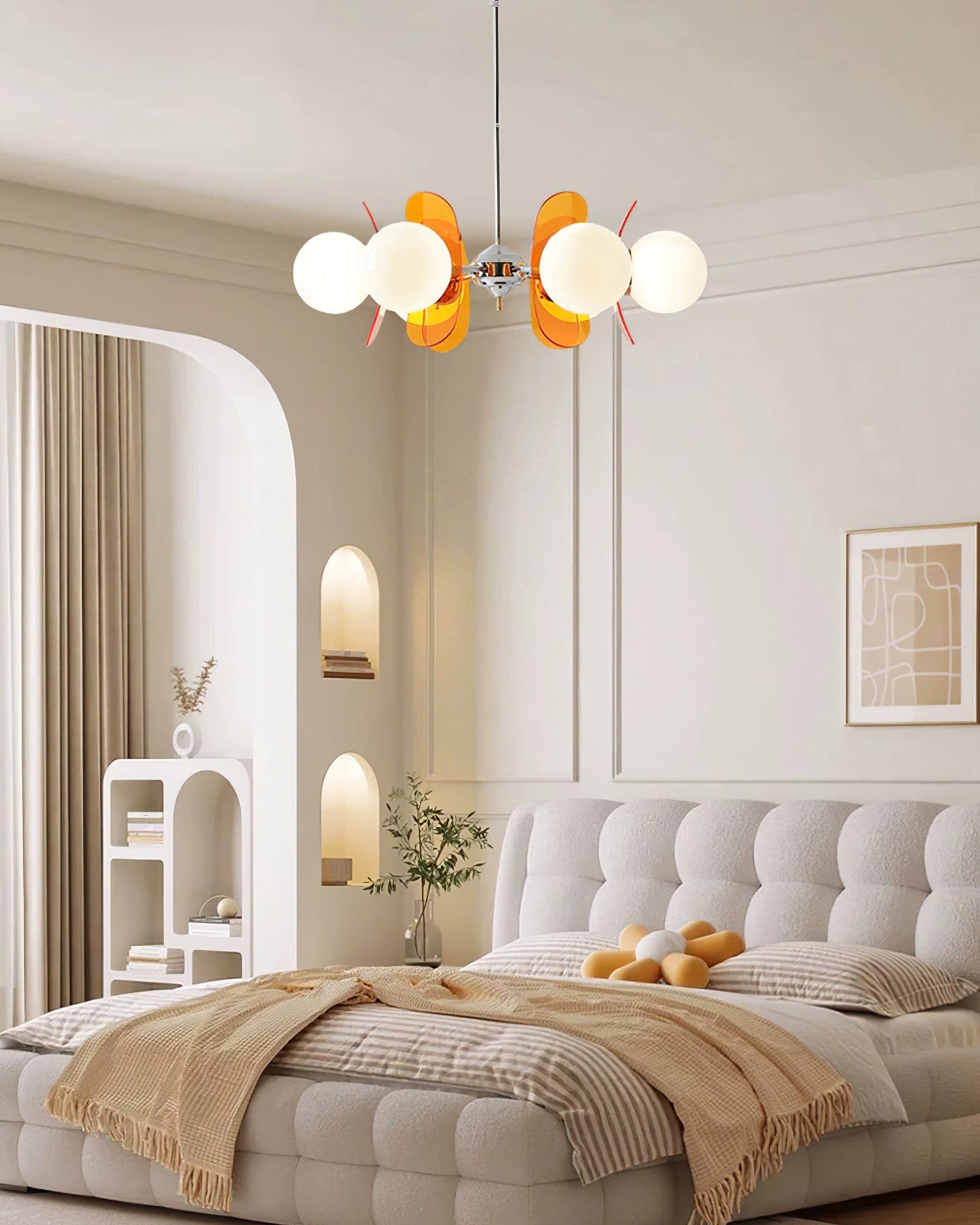 Moderne Sputnik Kroonluchter met Gekleurde Acryl Elementen en Witte Glazen Bollen – Design Hanglamp Meerdere Lichtpunten | Sansoti