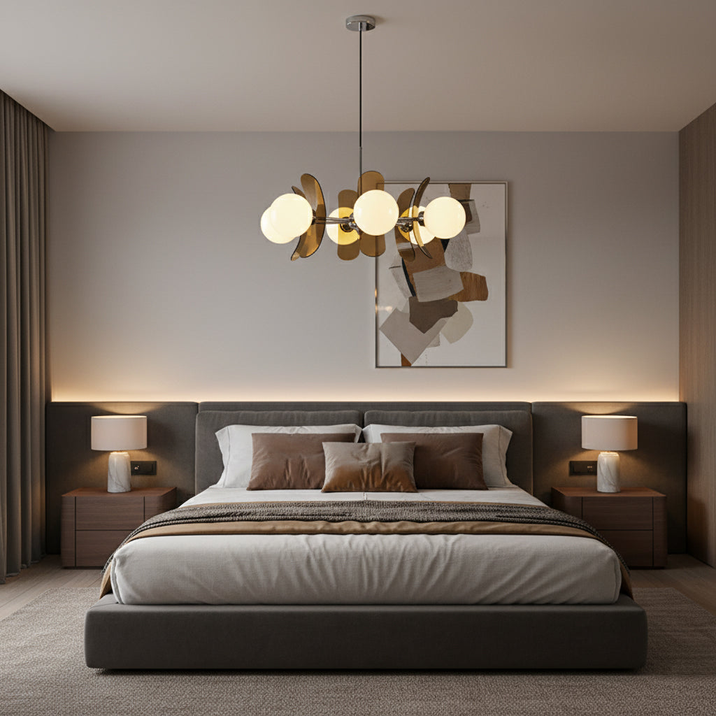 Moderne Sputnik Kroonluchter met Gekleurde Acryl Elementen en Witte Glazen Bollen – Design Hanglamp Meerdere Lichtpunten | Sansoti