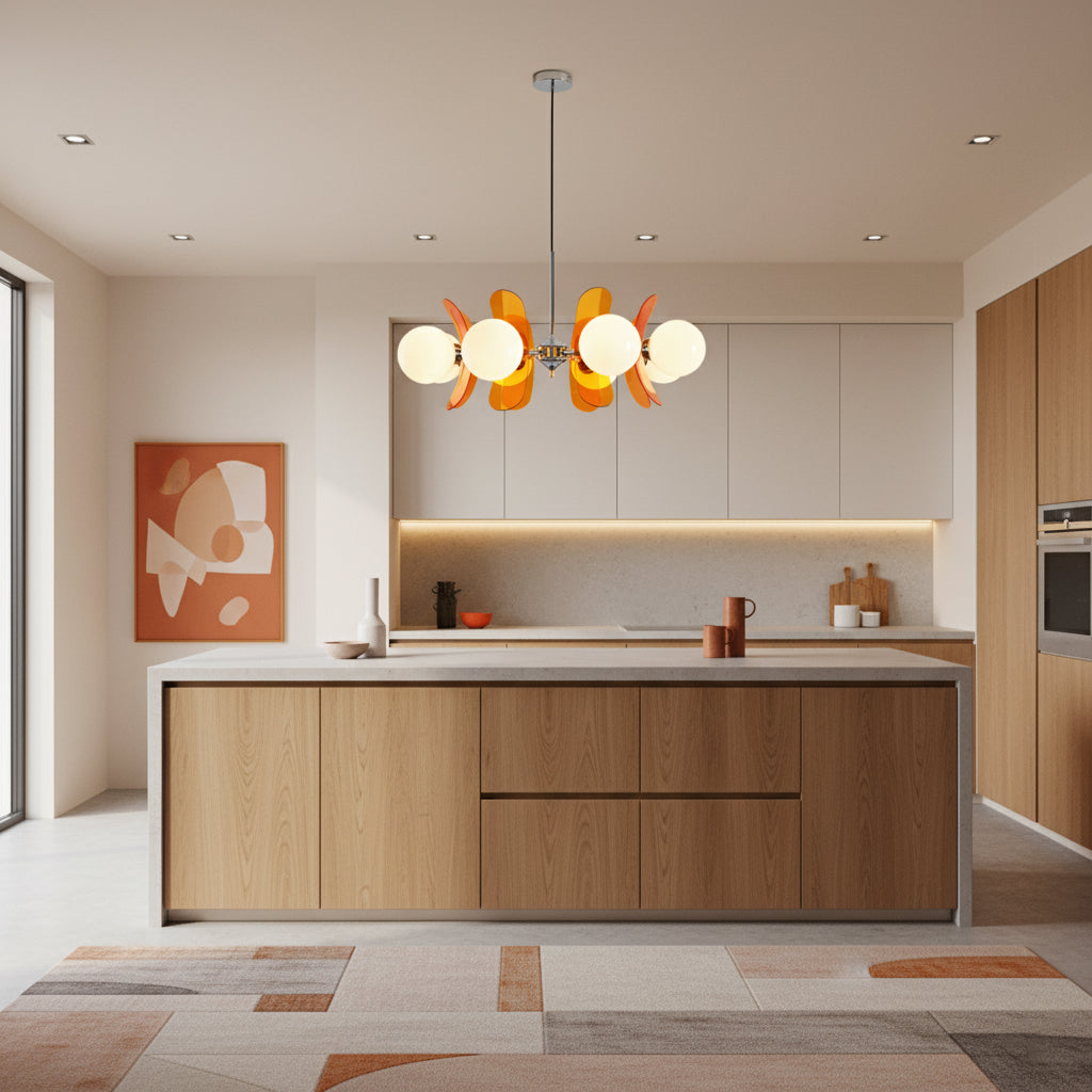 Moderne Sputnik Kroonluchter met Gekleurde Acryl Elementen en Witte Glazen Bollen – Design Hanglamp Meerdere Lichtpunten | Sansoti