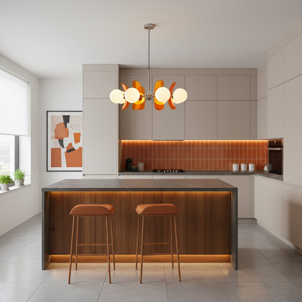 Moderne Sputnik Kroonluchter met Gekleurde Acryl Elementen en Witte Glazen Bollen – Design Hanglamp Meerdere Lichtpunten | Sansoti