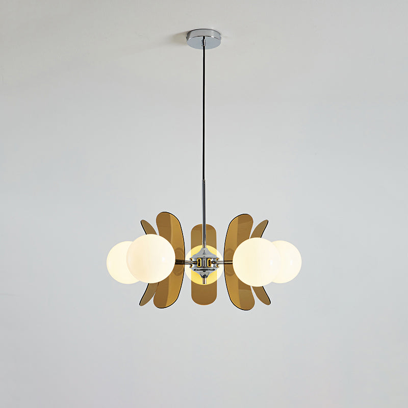 Moderne Sputnik Kroonluchter met Gekleurde Acryl Elementen en Witte Glazen Bollen – Design Hanglamp Meerdere Lichtpunten | Sansoti