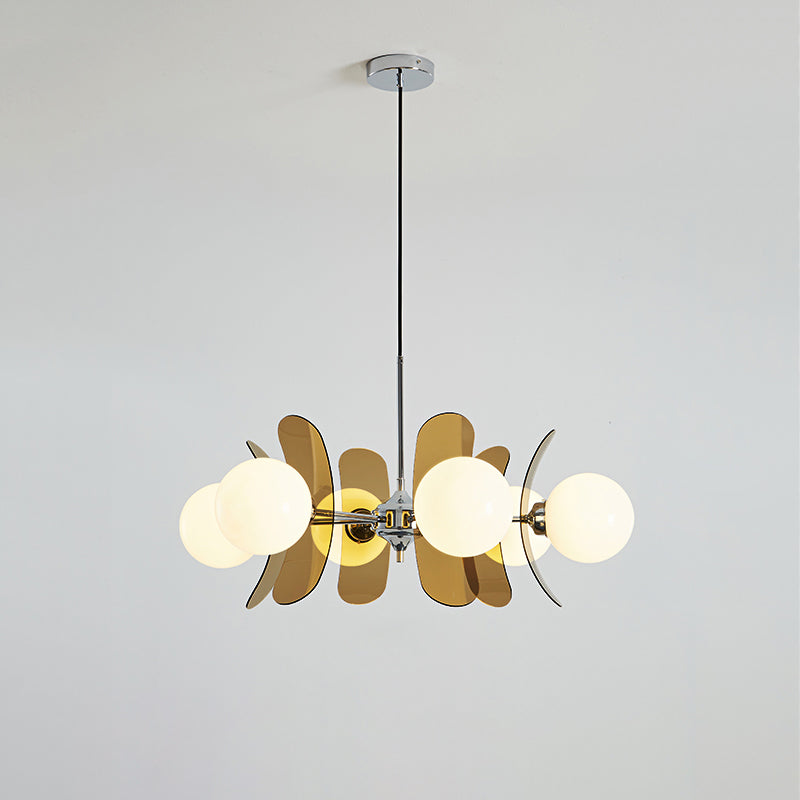 Moderne Sputnik Kroonluchter met Gekleurde Acryl Elementen en Witte Glazen Bollen – Design Hanglamp Meerdere Lichtpunten | Sansoti