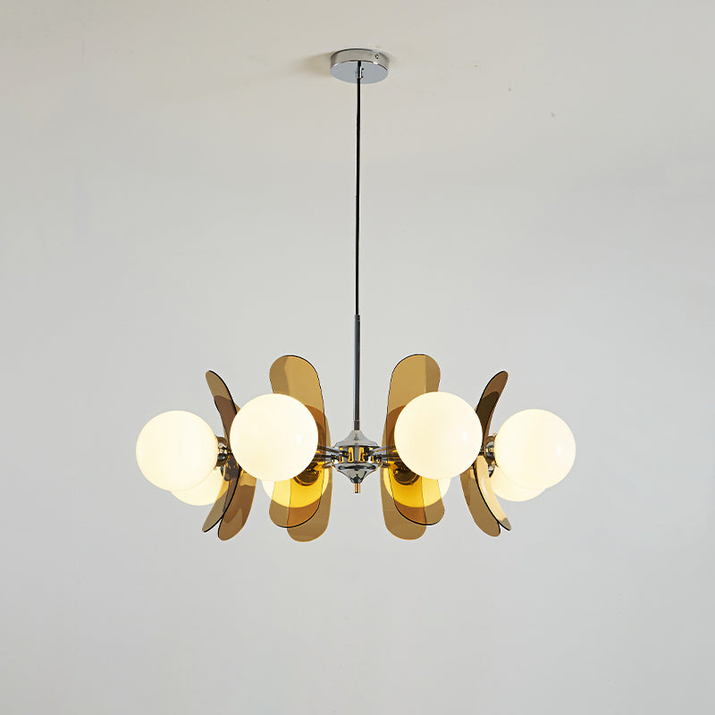 Moderne Sputnik Kroonluchter met Gekleurde Acryl Elementen en Witte Glazen Bollen – Design Hanglamp Meerdere Lichtpunten | Sansoti