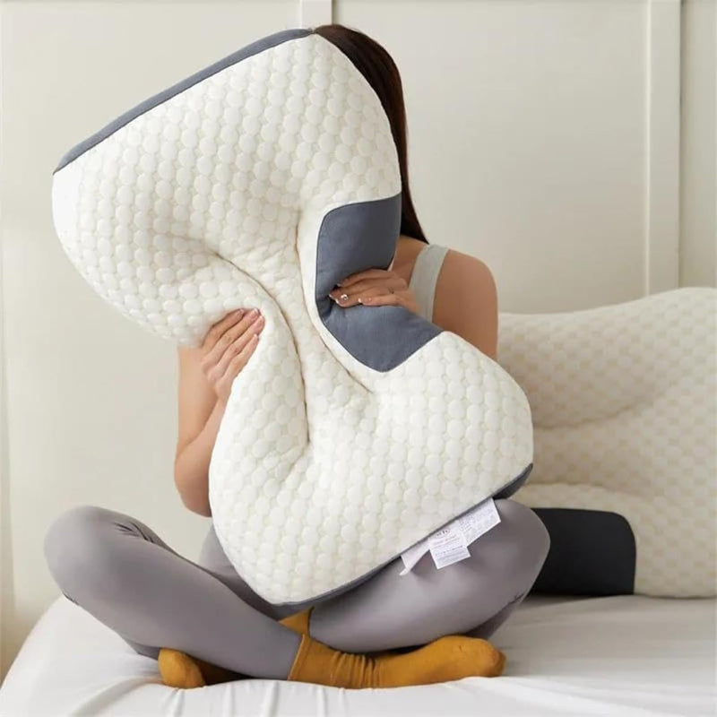 Oreiller ergonomique pour la nuque 40x65cm blanc gris en mousse à mémoire de forme, profilé, pour dormeurs sur le côté et sur le dos, soutien de la nuque et confort de sommeil | Sansoti