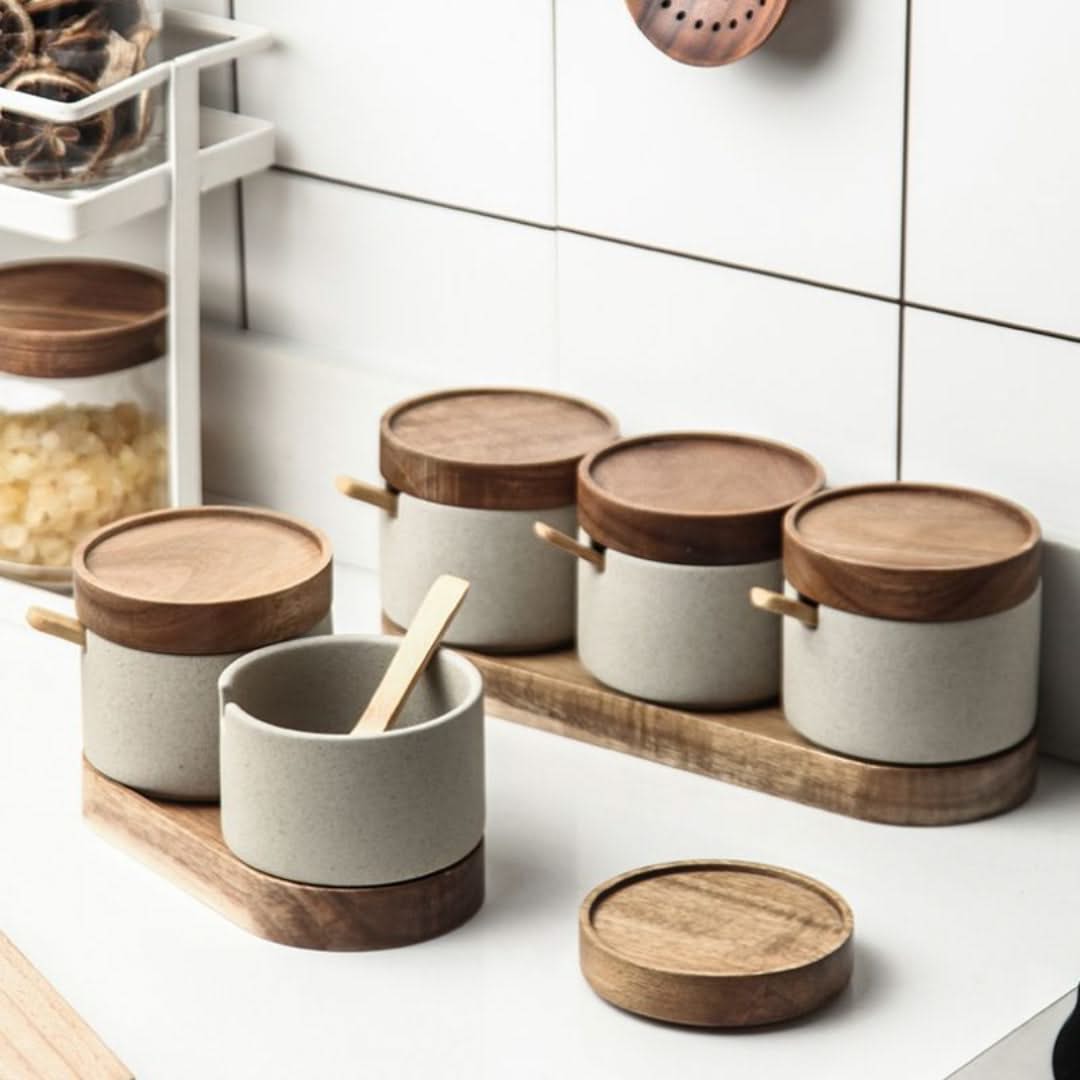 Keramische Voorraadpotten met Bamboe Deksel – Set van 3 voor Kruiden Specerijen Thee – Stijlvolle Keukenaccessoires | Sansoti