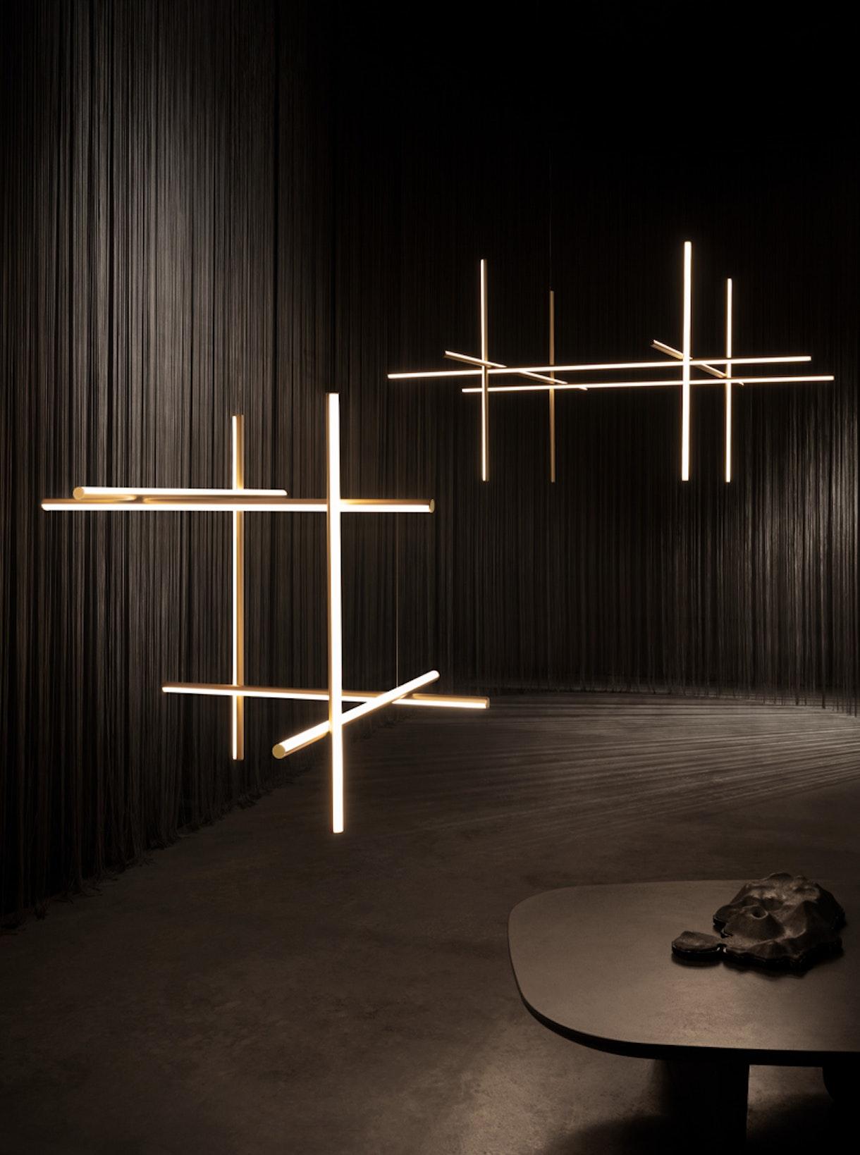 Lustre Gridline LED Aluminium Or Noir Salon Salle à Manger 3000K 4000K 6000K Modulaire Luminaire Linéaire Plafonnier | Restfield