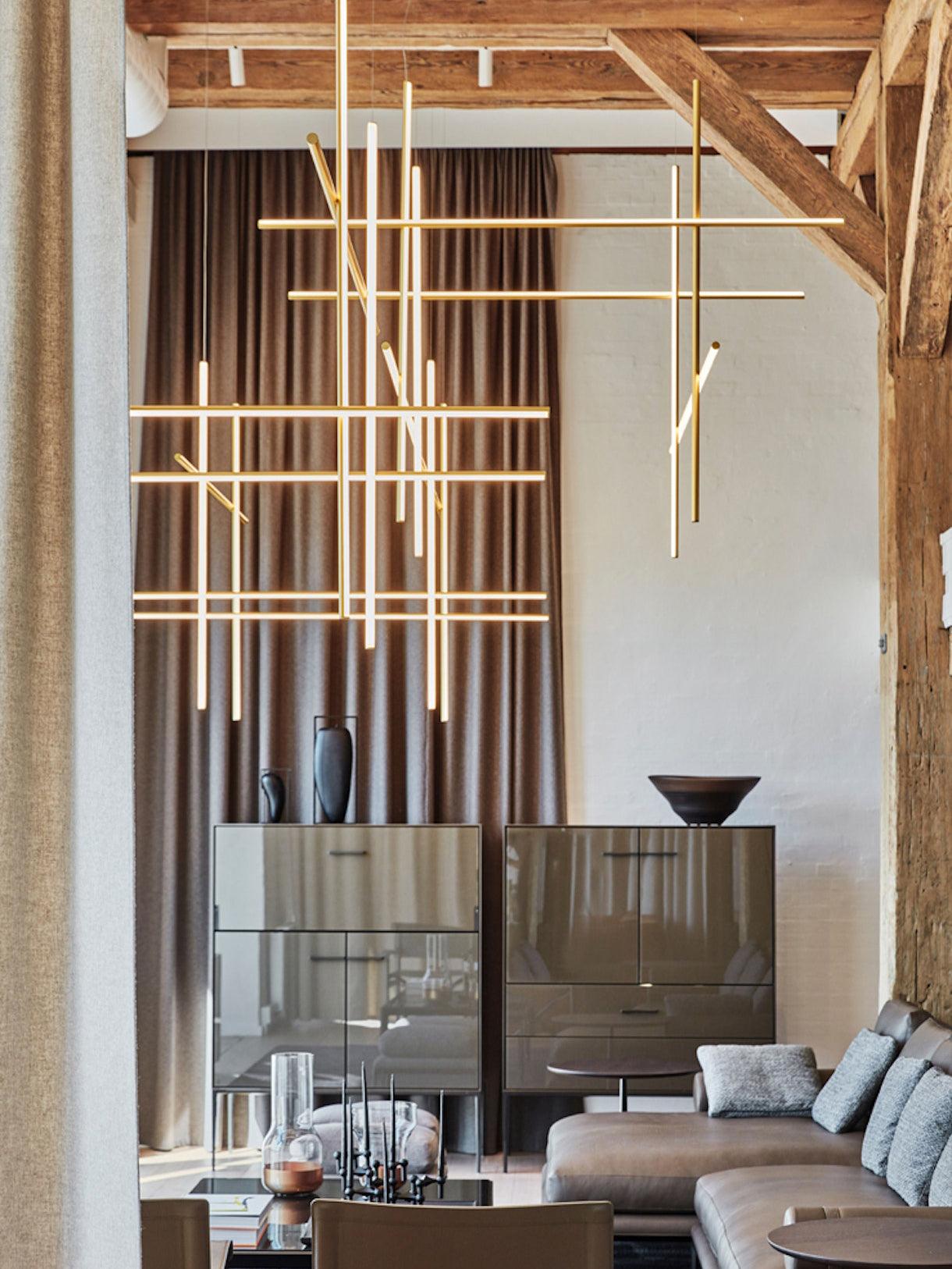 Lustre Gridline LED Aluminium Or Noir Salon Salle à Manger 3000K 4000K 6000K Modulaire Luminaire Linéaire Plafonnier | Restfield