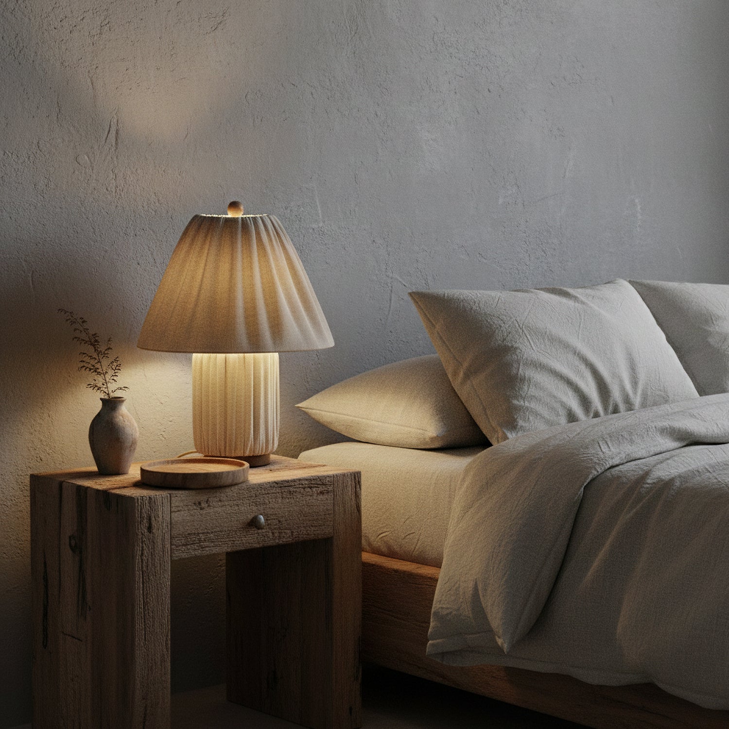 Retro Tafellamp met Geplooide Stoffen Kap – Warm Zacht Licht – Scandinavisch Minimalistisch Design voor Slaapkamer Woonkamer | Sansoti