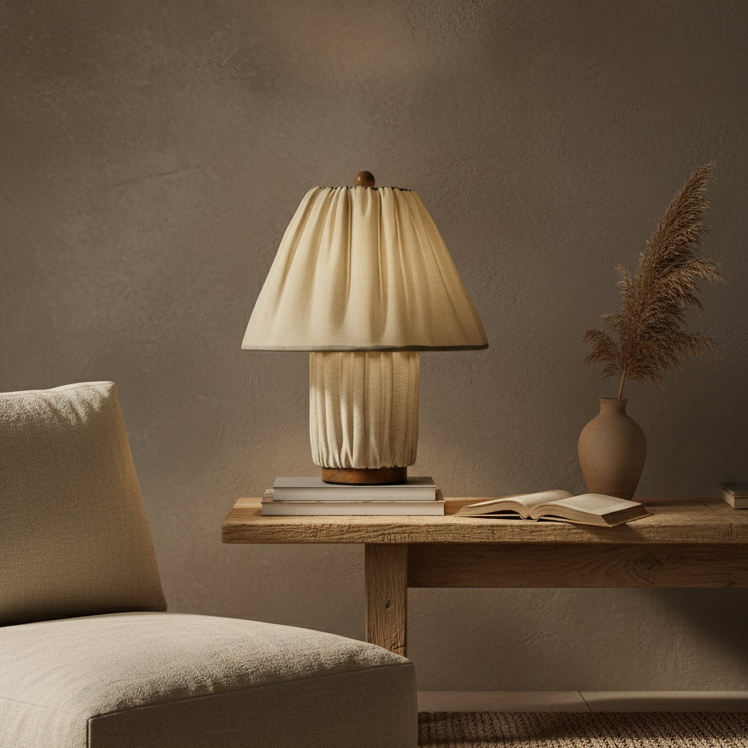 Retro Tafellamp met Geplooide Stoffen Kap – Warm Zacht Licht – Scandinavisch Minimalistisch Design voor Slaapkamer Woonkamer | Sansoti
