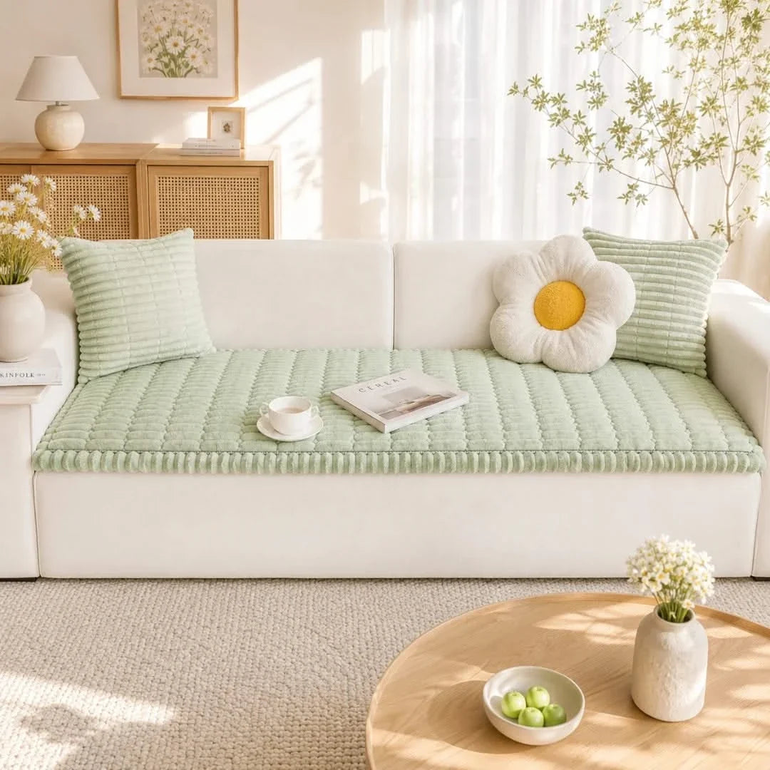 Ribbed Plush Sofa Cover Anti-Slip Polyester Protector for Living Room Sofa Furniture Protection Couch | Sansoti