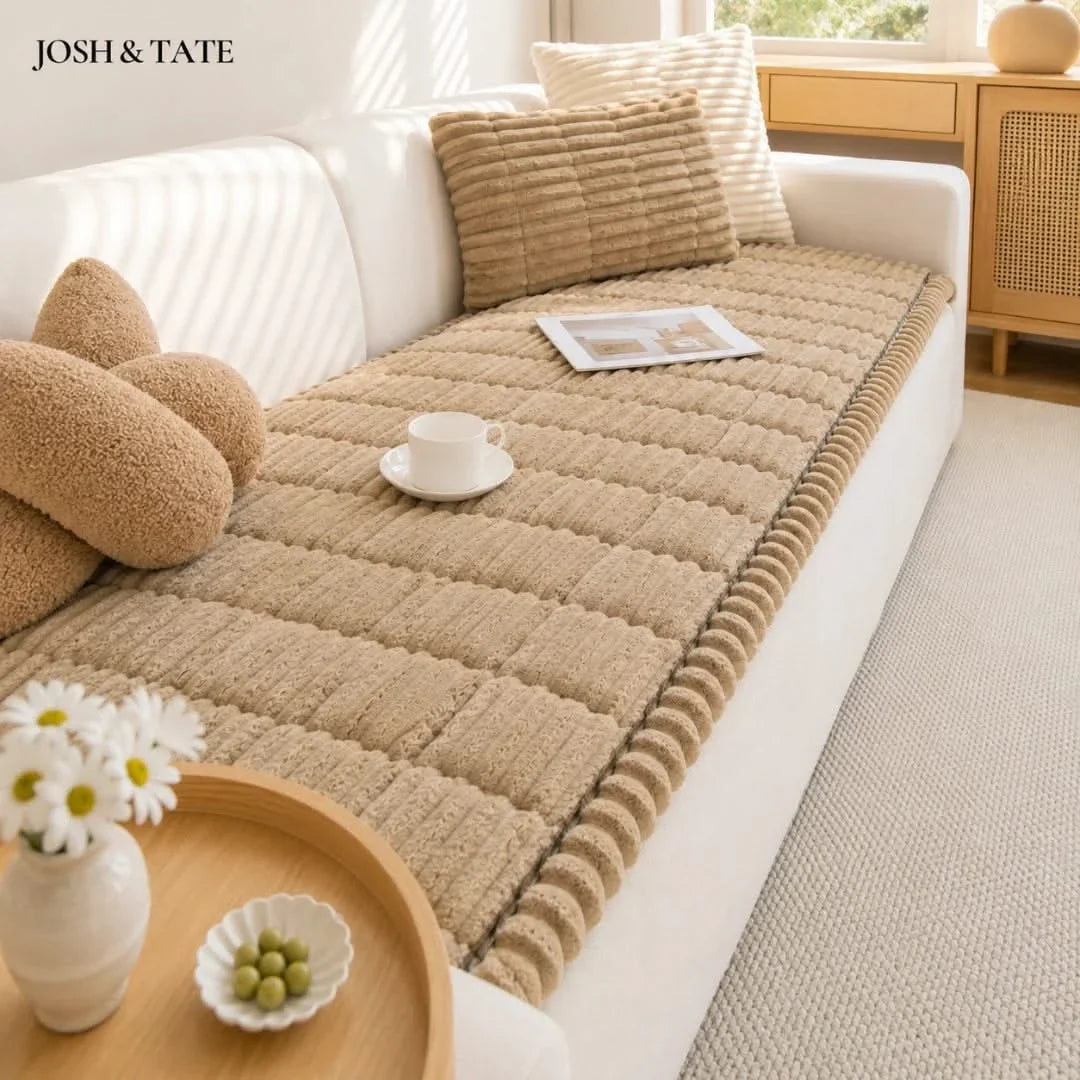 Ribbed Plush Sofa Cover Anti-Slip Polyester Protector for Living Room Sofa Furniture Protection Couch | Sansoti
