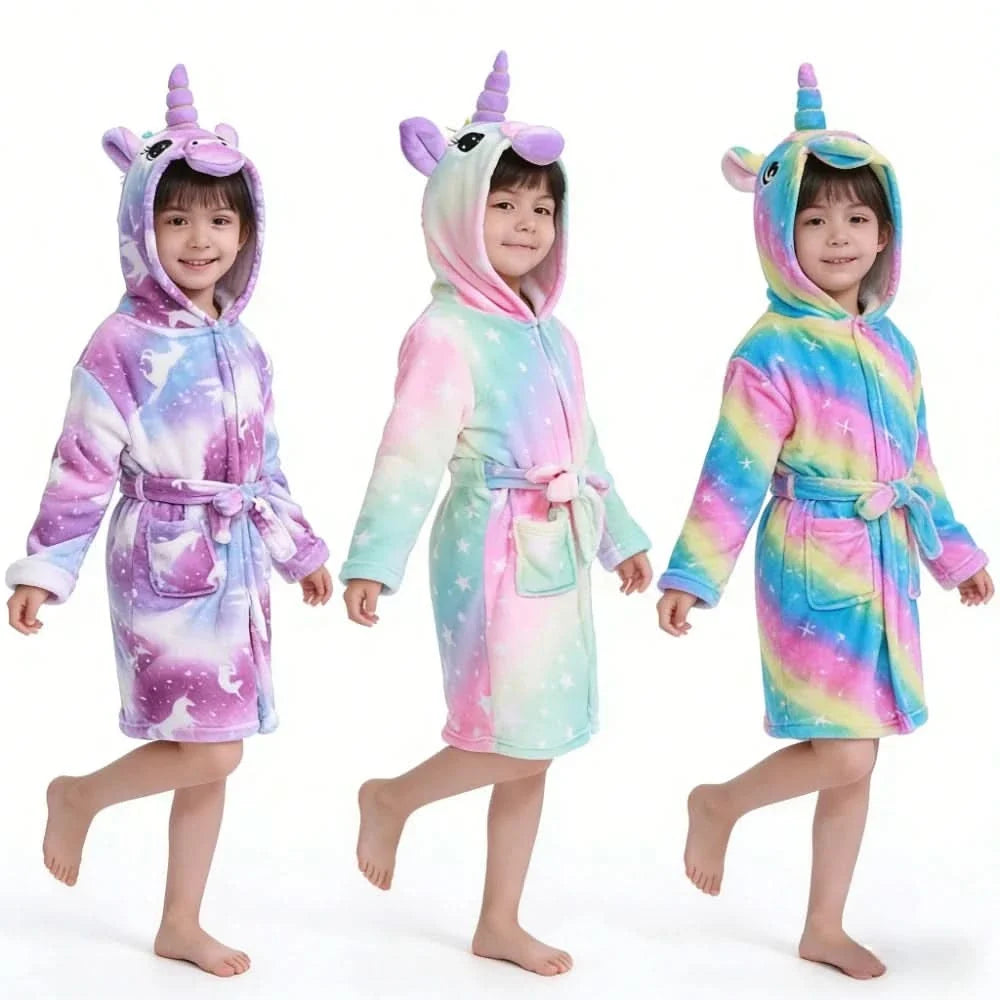 Zachte Flanellen Kinderbadjas met Capuchon Eenhoornmotief Comfortabele Loungewear Ochtendjas Jongens Meisjes | Sansoti