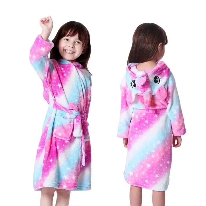 Zachte Flanellen Kinderbadjas met Capuchon Eenhoornmotief Comfortabele Loungewear Ochtendjas Jongens Meisjes | Sansoti