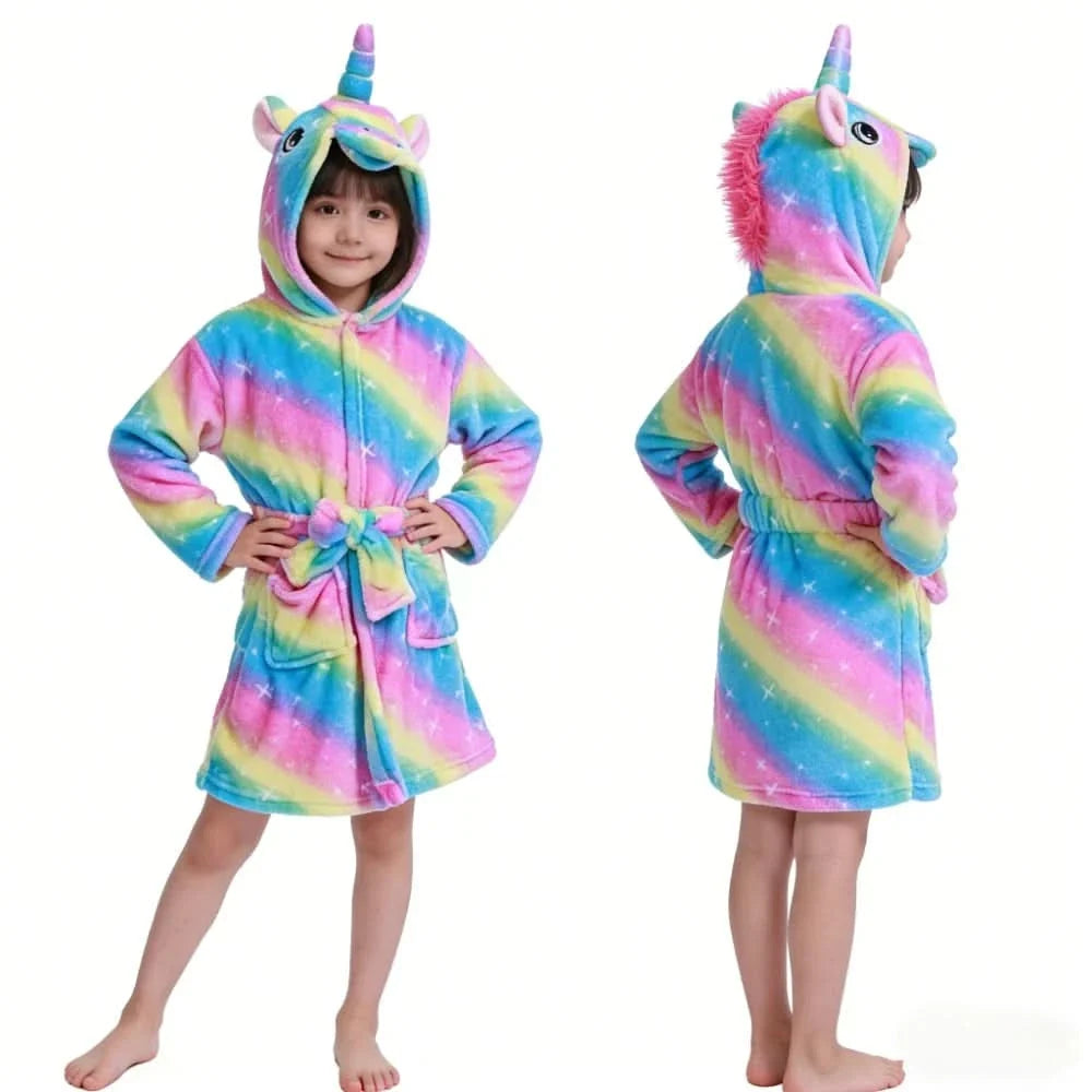 Zachte Flanellen Kinderbadjas met Capuchon Eenhoornmotief Comfortabele Loungewear Ochtendjas Jongens Meisjes | Sansoti