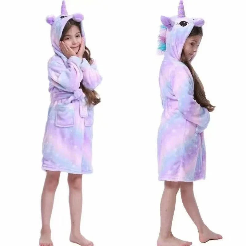Zachte Flanellen Kinderbadjas met Capuchon Eenhoornmotief Comfortabele Loungewear Ochtendjas Jongens Meisjes | Sansoti