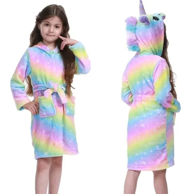 Zachte Flanellen Kinderbadjas met Capuchon Eenhoornmotief Comfortabele Loungewear Ochtendjas Jongens Meisjes | Sansoti