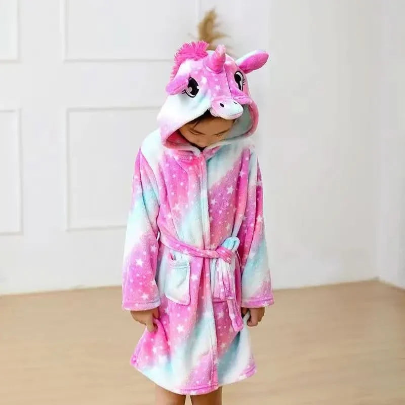 Zachte Flanellen Kinderbadjas met Capuchon Eenhoornmotief Comfortabele Loungewear Ochtendjas Jongens Meisjes | Sansoti
