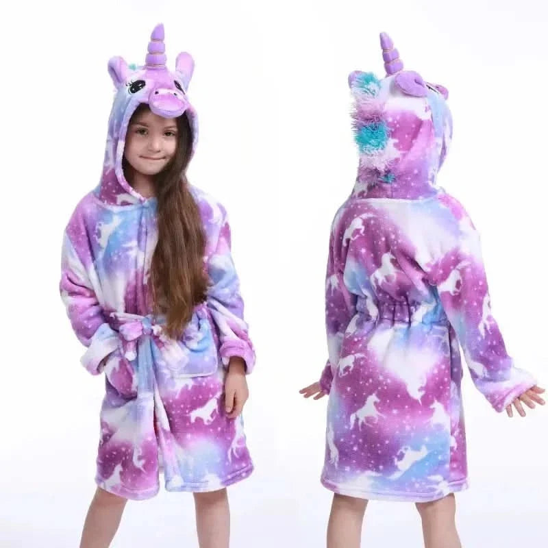 Zachte Flanellen Kinderbadjas met Capuchon Eenhoornmotief Comfortabele Loungewear Ochtendjas Jongens Meisjes | Sansoti