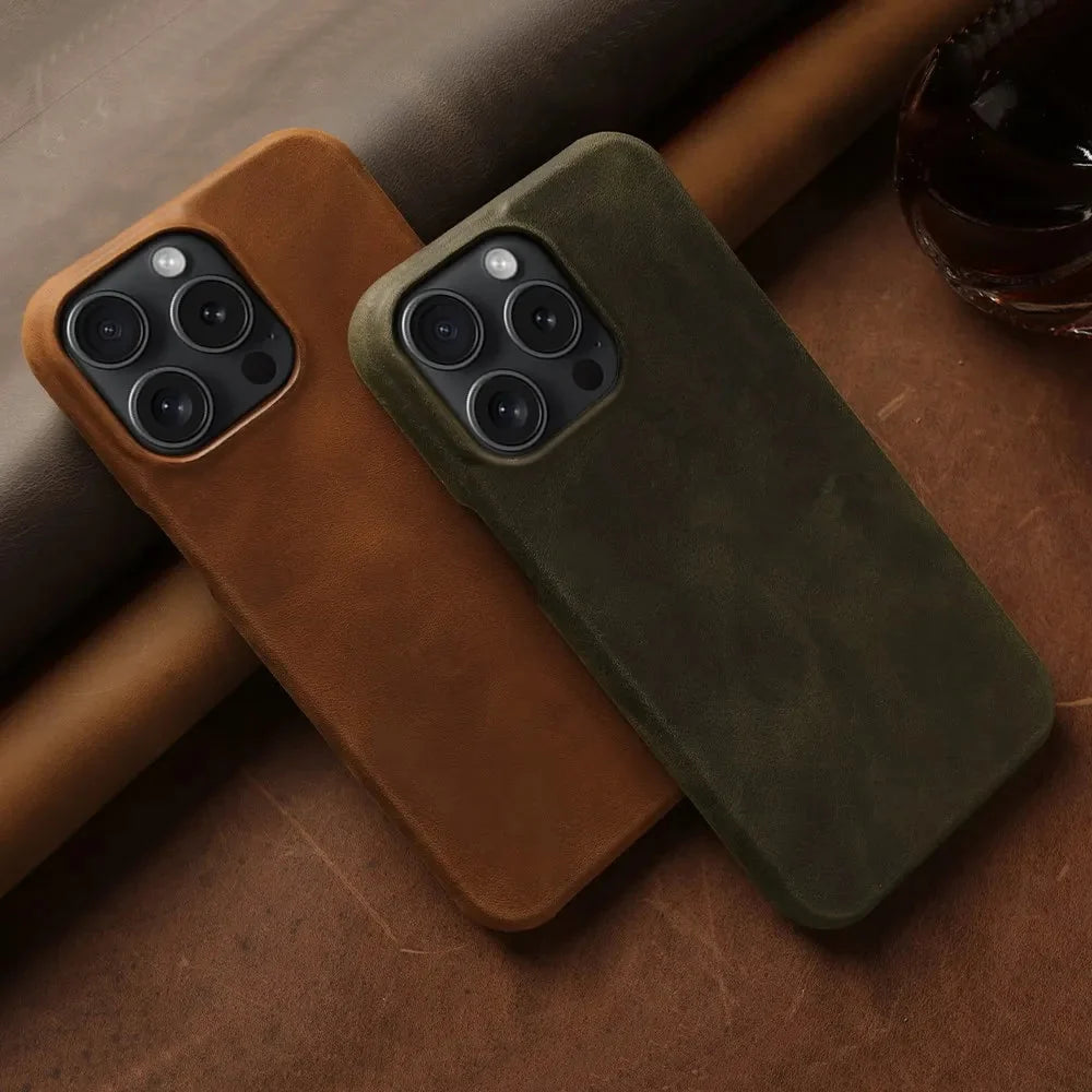 Leather iPhone Case, MagSafe Compatible, Vintage Crazy Horse Leather, Wireless Charging, Protection for 13 14 15 16 17 Series | Sansoti