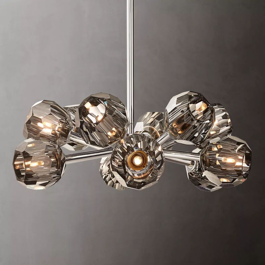 Lustre rond en cristal, laiton, cristal K9, suspension LED élégante et luxueuse pour salle à manger, salon et entrée | Sansoti