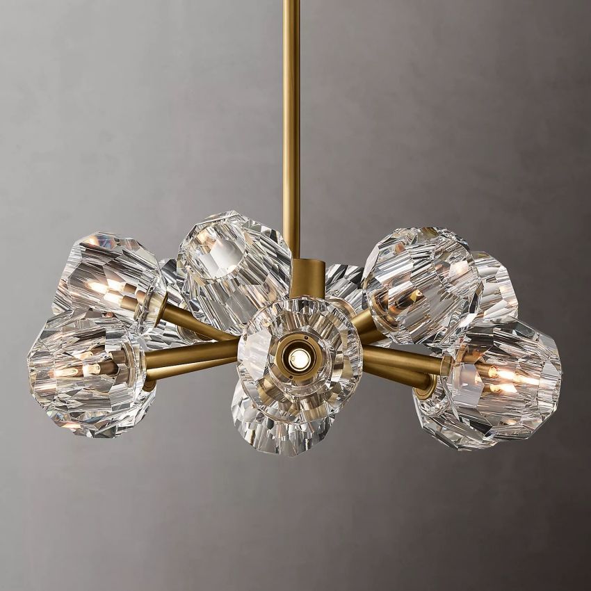 Lustre rond en cristal, laiton, cristal K9, suspension LED élégante et luxueuse pour salle à manger, salon et entrée | Sansoti