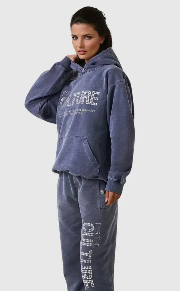 Oversized Hoodie met Strass Opschrift Unisex Casual Streetwear Vintage Look Kangoeroezak Comfortabele Sweater | Sansoti