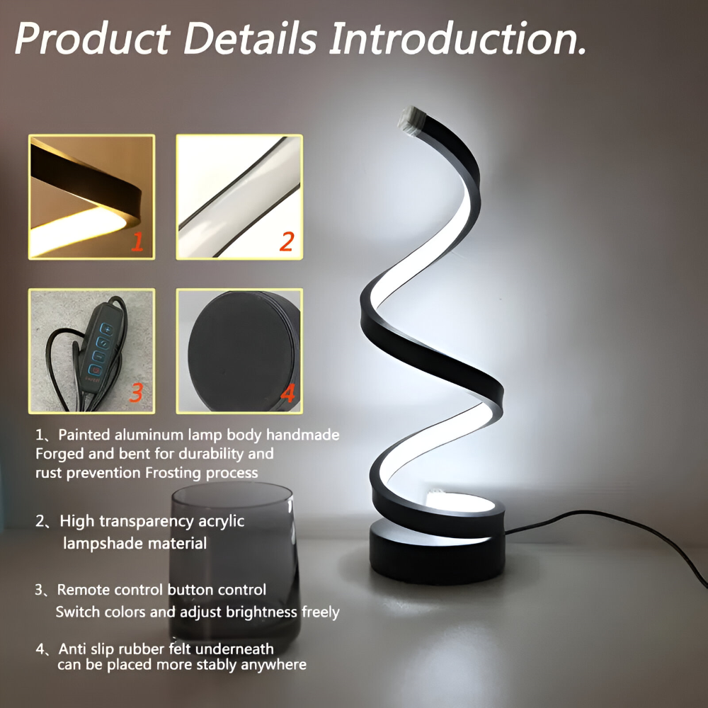 Tafellamp LED Spiraal Dimbaar 3 Lichtkleuren USB Aluminium Zwart | Sansoti