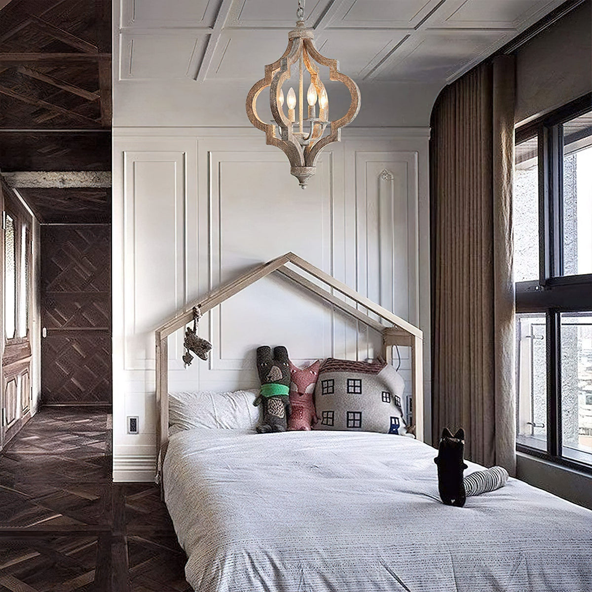 Houten Kroonluchter 4 Lampen Vintage Stijl Hanglamp Gerecycled Hout E12 E14 Fitting Landelijk Woonkamer | Sansoti