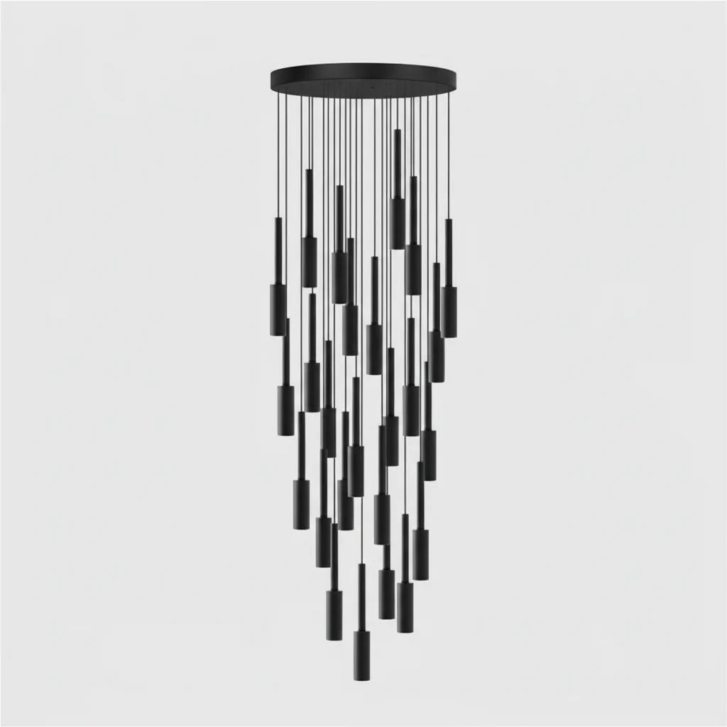 Cylindryczna lampa spotowa - żyrandol z metalu, ściemnialna, LED, do klatki schodowej i holu, regulowana, nowoczesny design, 1-30 punktów świetlnych | Sansoti