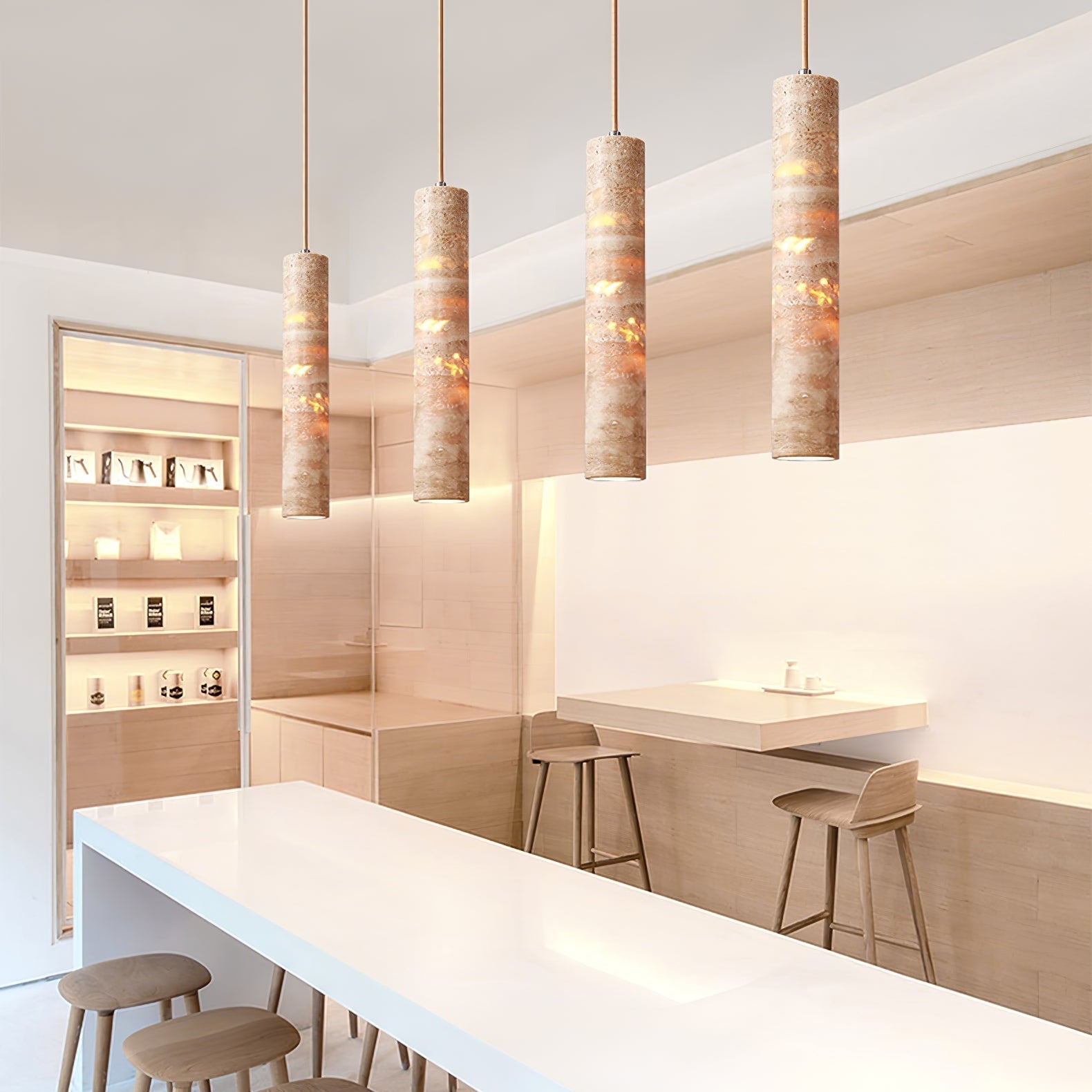 Suspension Travertin Cylindre Ø 6 cm Pierre naturelle Beige Table à manger Îlot de cuisine Bar Suspension réglable E27 | Restfield