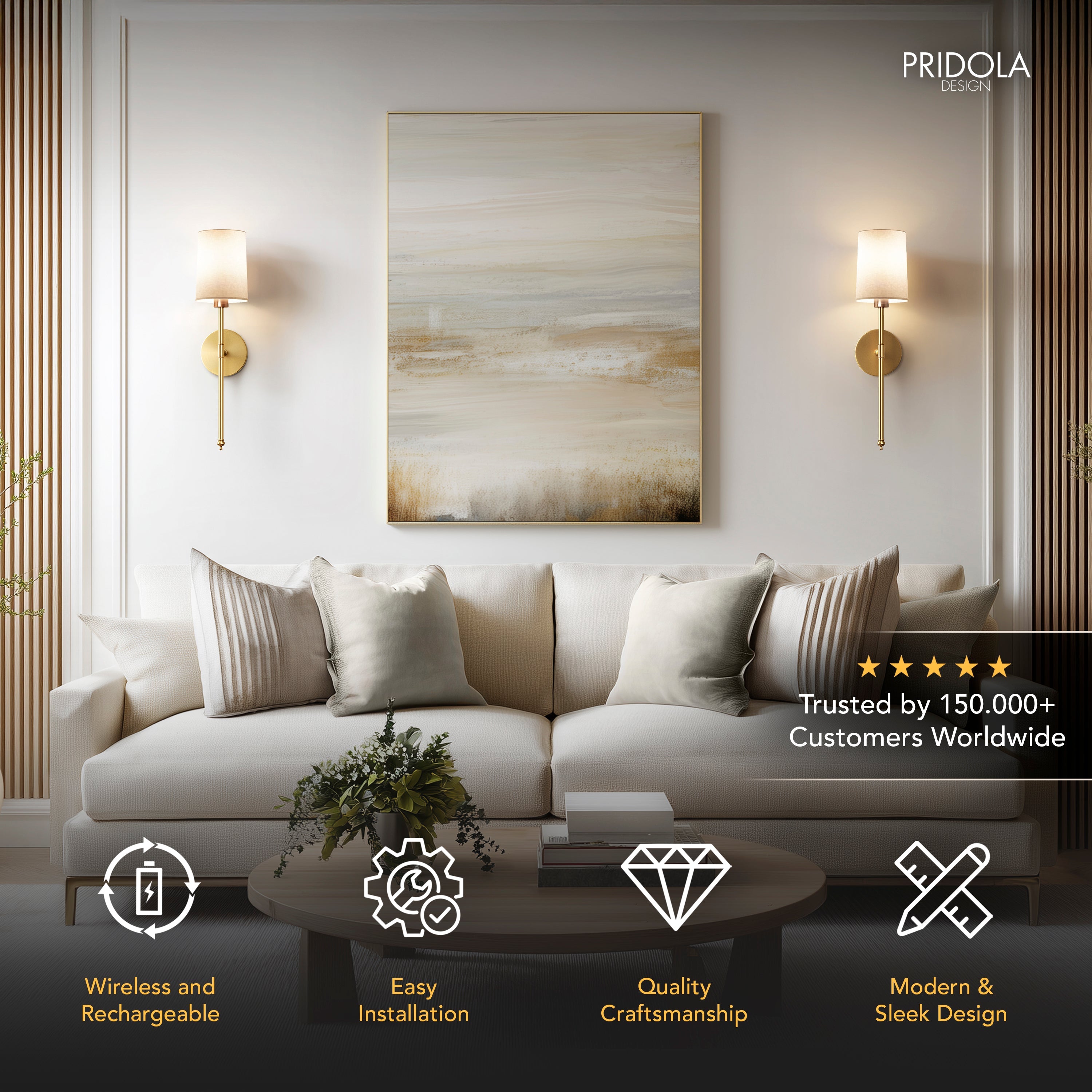 Wandlamp Goud Witte Cilinderkap Set 2 Draadloos Afstandsbediening Dimbaar RGB Slaapkamer | Sansoti
