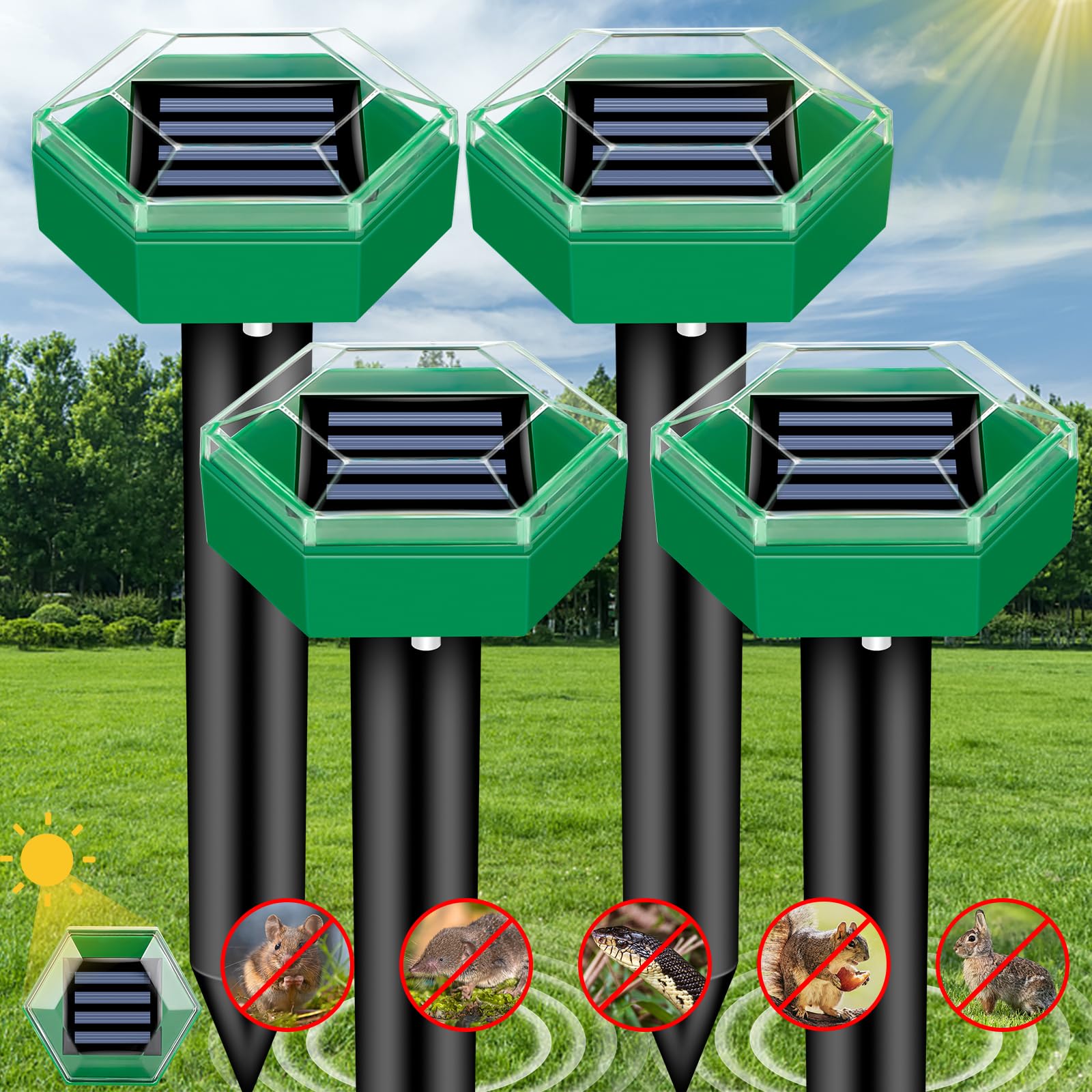 Ultraschall-Maulwurfvertreiber mit Solarenergie, 4 Stück, tierfreundlicher, wasserdichter Gartenschutz, IP65 | Sansoti