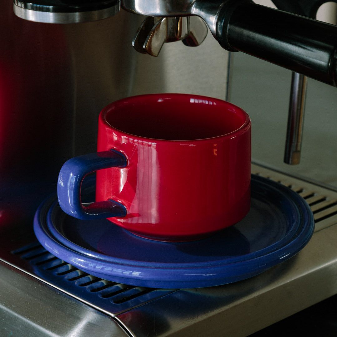 Kop en Schotel Keramiek Tweekleurig Rood Blauw Koffiekop Retro Vintage Servies Set | Sansoti