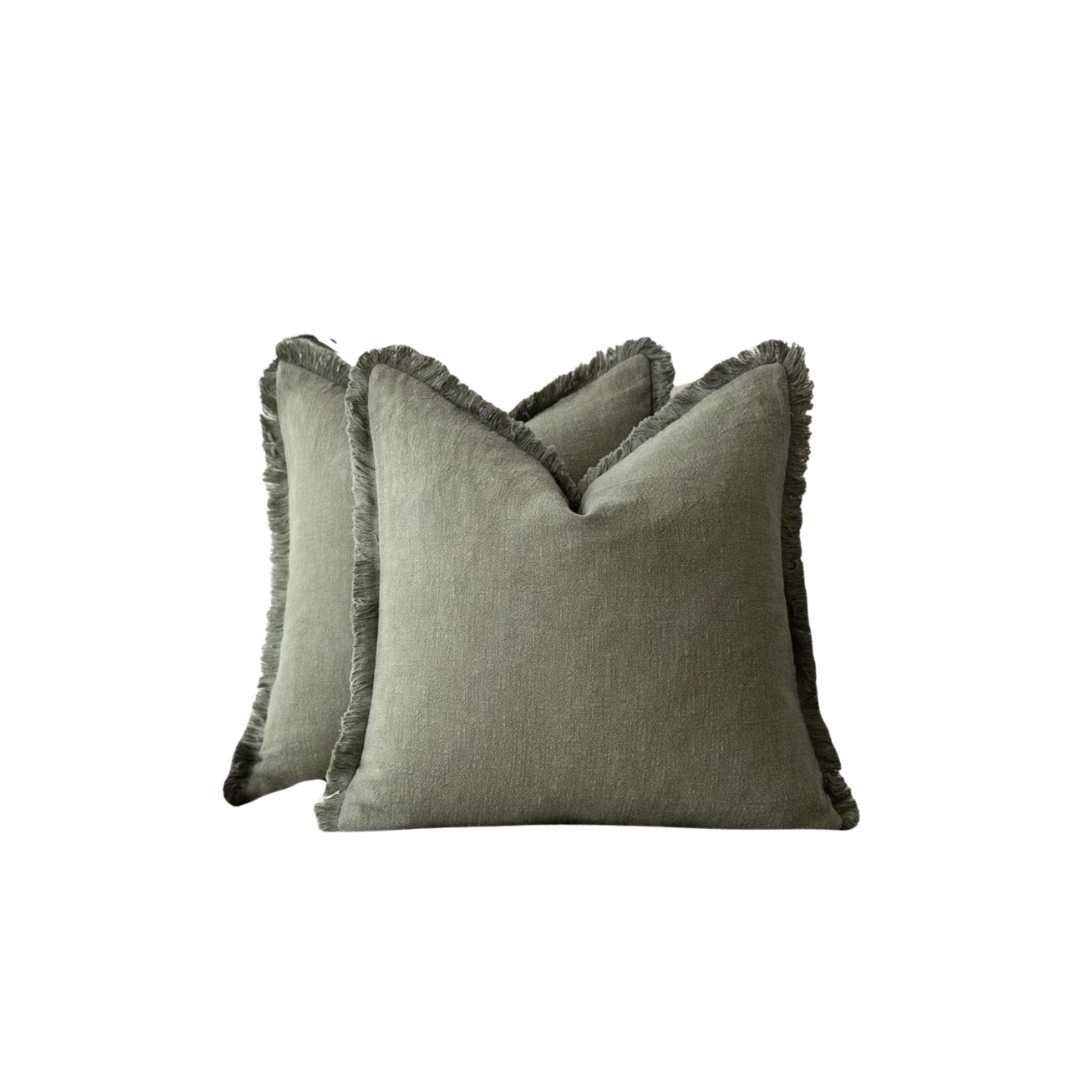 Kussenslopen Katoen-Linnen 45x45 Beige Grijs Olijfgroen Blauw Wit Franjes Ritssluiting Decoratief Bank | Sansoti