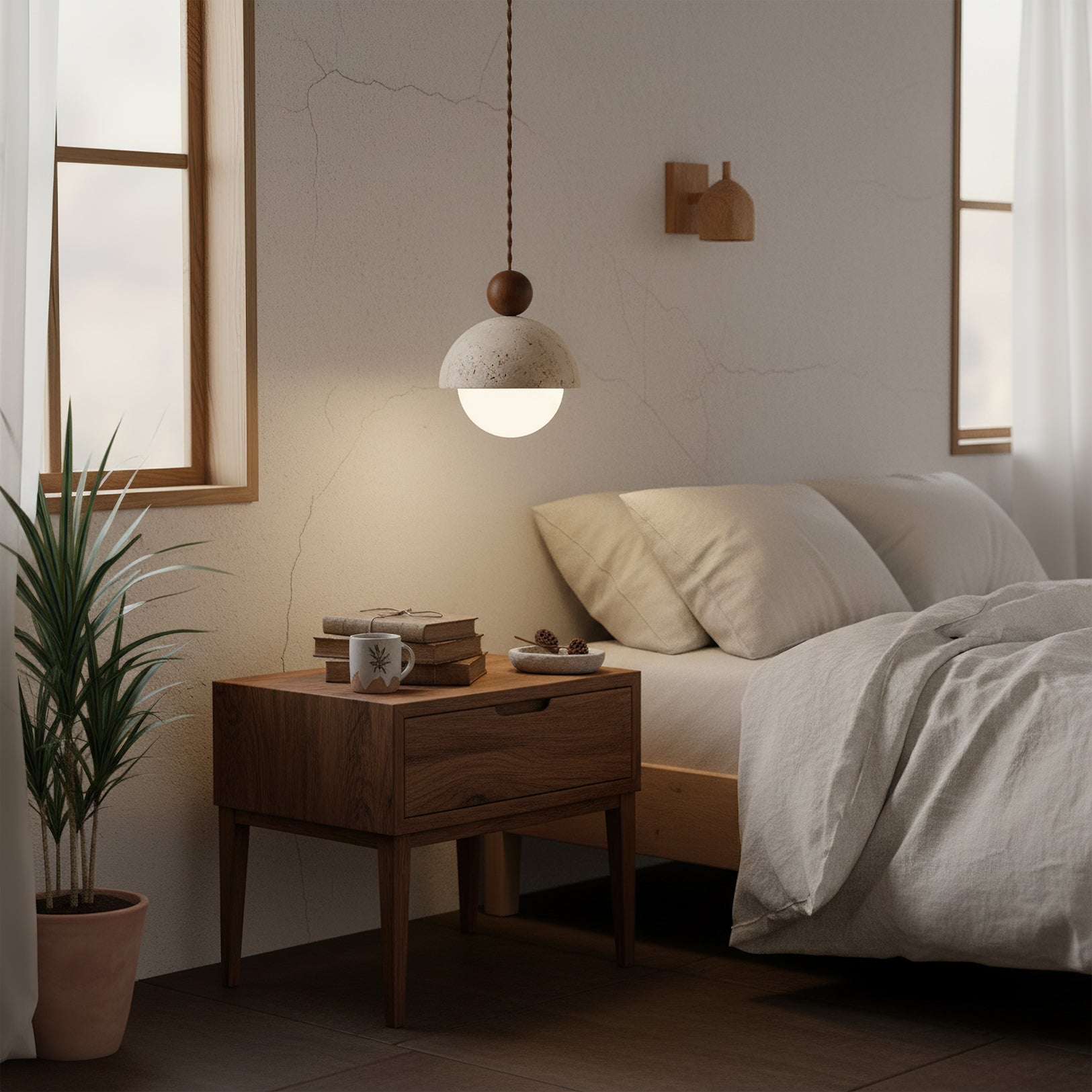Design Pendelleuchte aus Travertin und Glas – Moderne Beleuchtung mit warmem Licht | Restfield